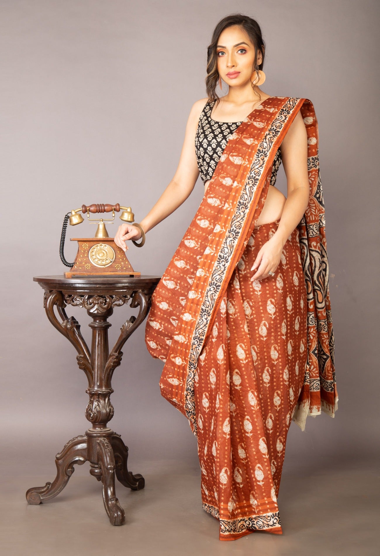 Online Shopping for Brown Pure Krisha Block Printed  Cotton Saree with Hand Block Prints from Rajasthan at Unnatisilks.com India

