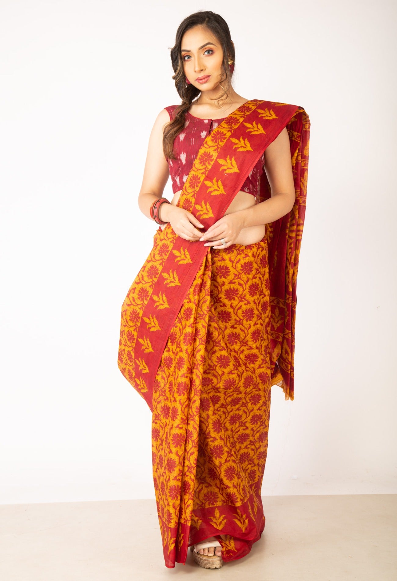 Online Shopping for Orange-Red Pure Krisha Block Printed  Cotton Saree with Hand Block Prints from Rajasthan at Unnatisilks.com India
