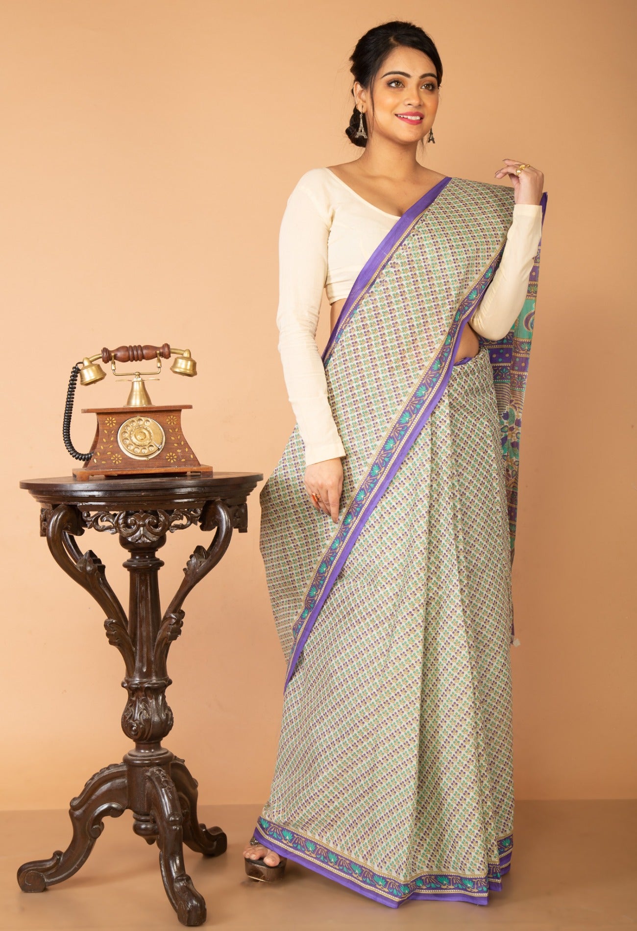 Online Shopping for Ivory-Blue Pure Krisha Block Printed  Cotton Saree with Hand Block Prints from Rajasthan at Unnatisilks.com India
