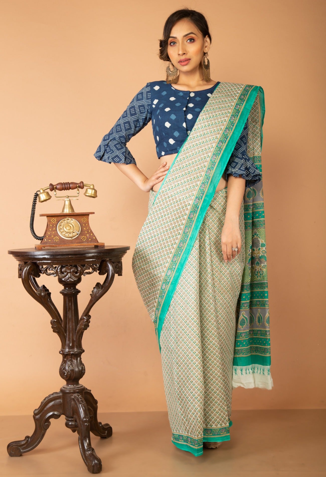 Online Shopping for Ivory-Green Pure Krisha Block Printed  Cotton Saree with Hand Block Prints from Rajasthan at Unnatisilks.com India
