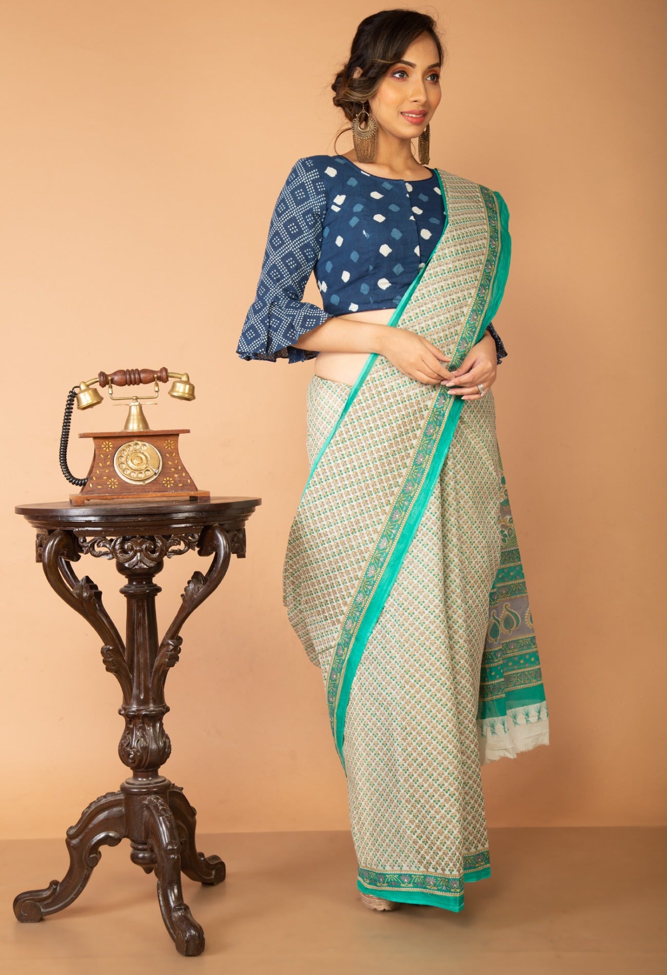 Online Shopping for Ivory-Green Pure Krisha Block Printed  Cotton Saree with Hand Block Prints from Rajasthan at Unnatisilks.com India
