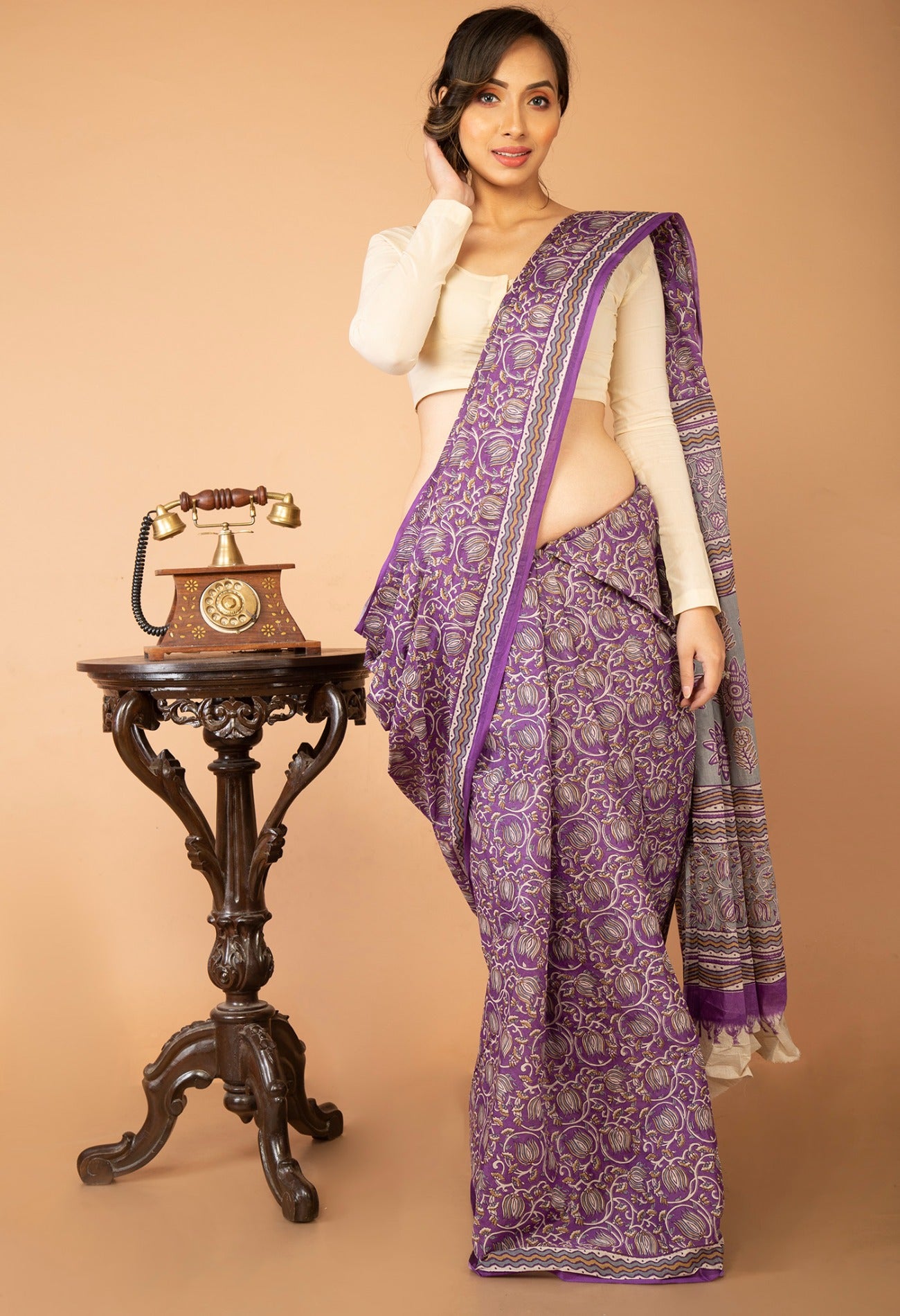 Online Shopping for Violet Pure Krisha Block Printed  Cotton Saree with Hand Block Prints from Rajasthan at Unnatisilks.com India
