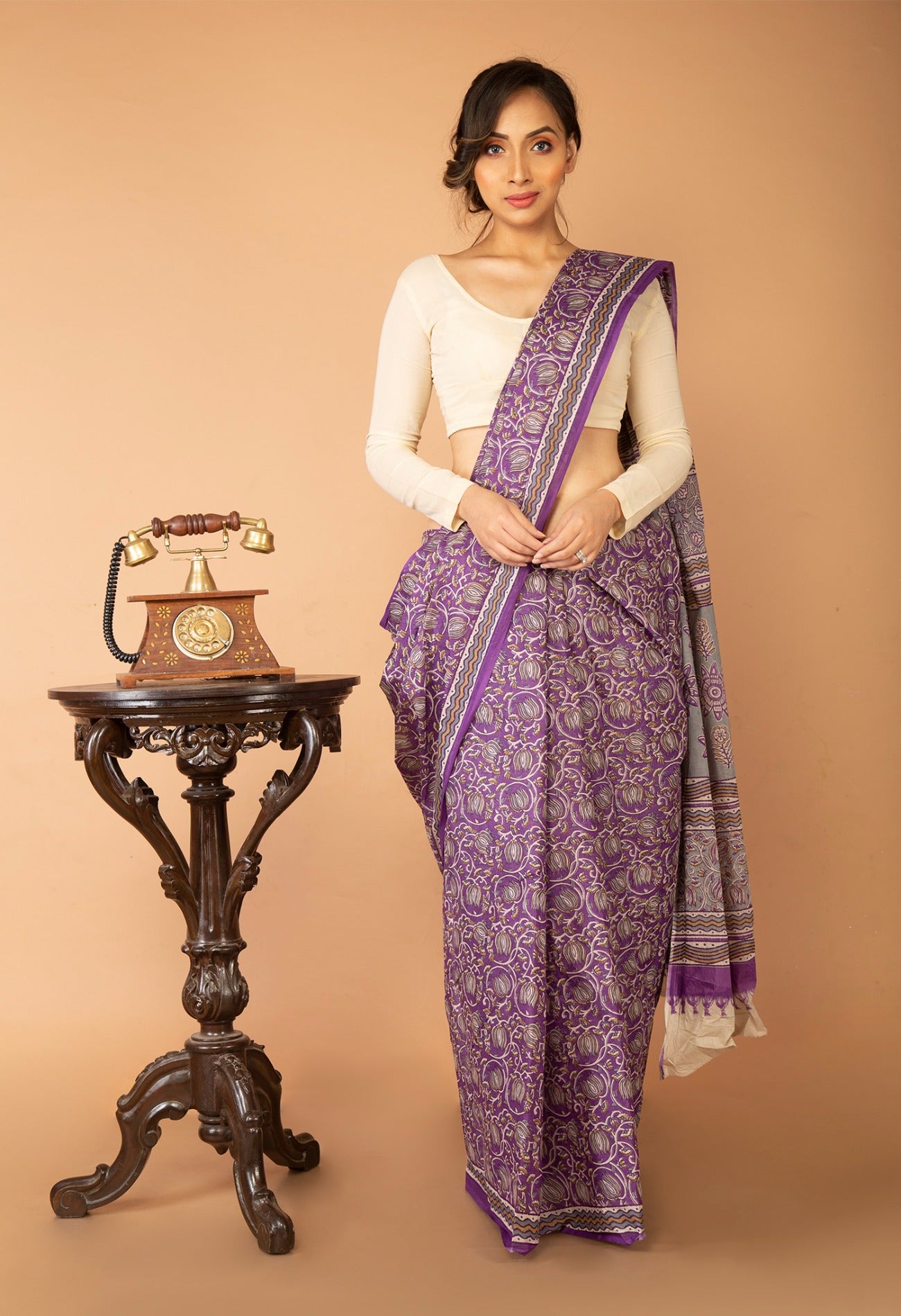 Online Shopping for Violet Pure Krisha Block Printed  Cotton Saree with Hand Block Prints from Rajasthan at Unnatisilks.com India
