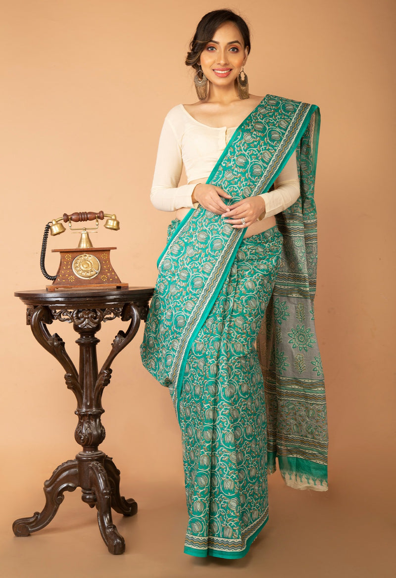 Online Shopping for Green Pure Krisha Block Printed  Cotton Saree with Hand Block Prints from Rajasthan at Unnatisilks.com India
