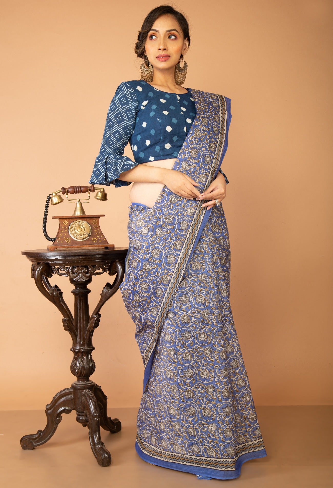 Online Shopping for Blue Pure Krisha Block Printed  Cotton Saree with Hand Block Prints from Rajasthan at Unnatisilks.com India
