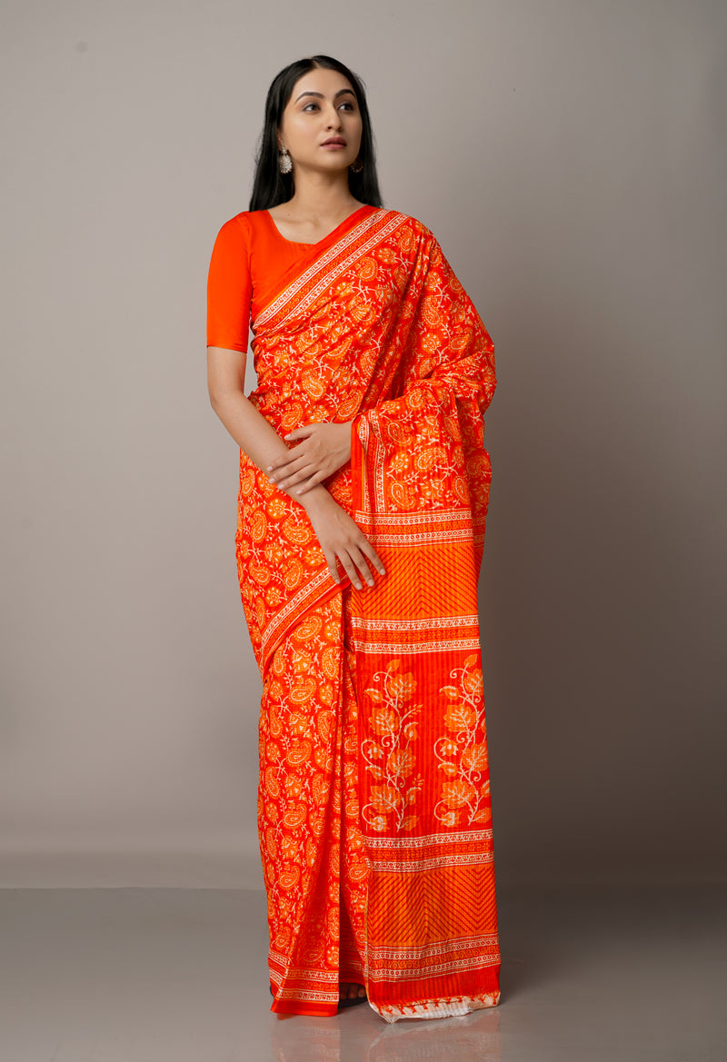 Orange Pure Krisha Block Printed  Cotton Saree-UNM64357