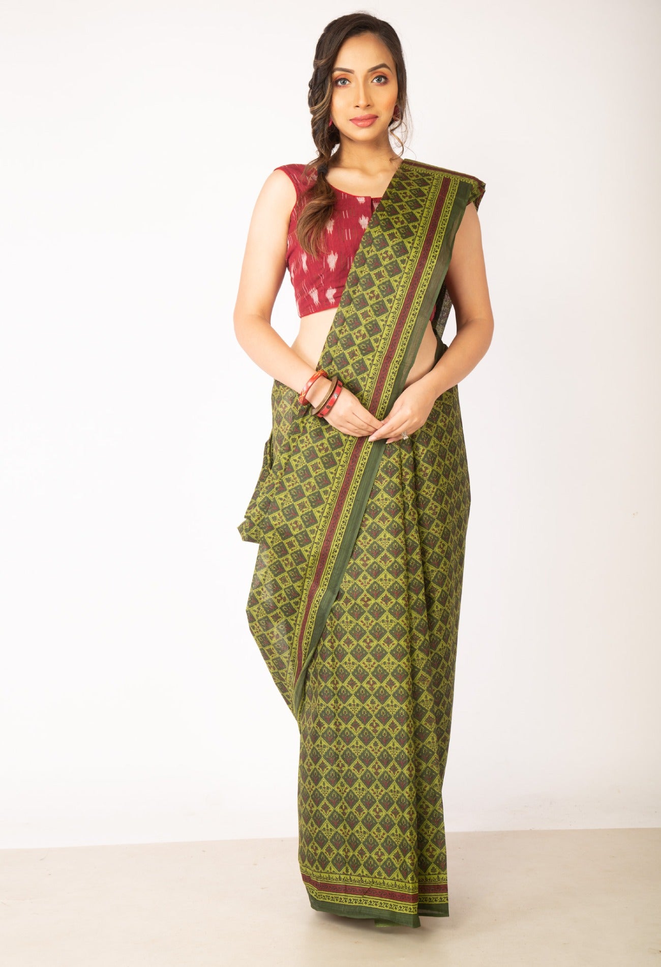 Online Shopping for Green Pure Krisha Block Printed  Cotton Saree with Hand Block Prints from Rajasthan at Unnatisilks.com India
