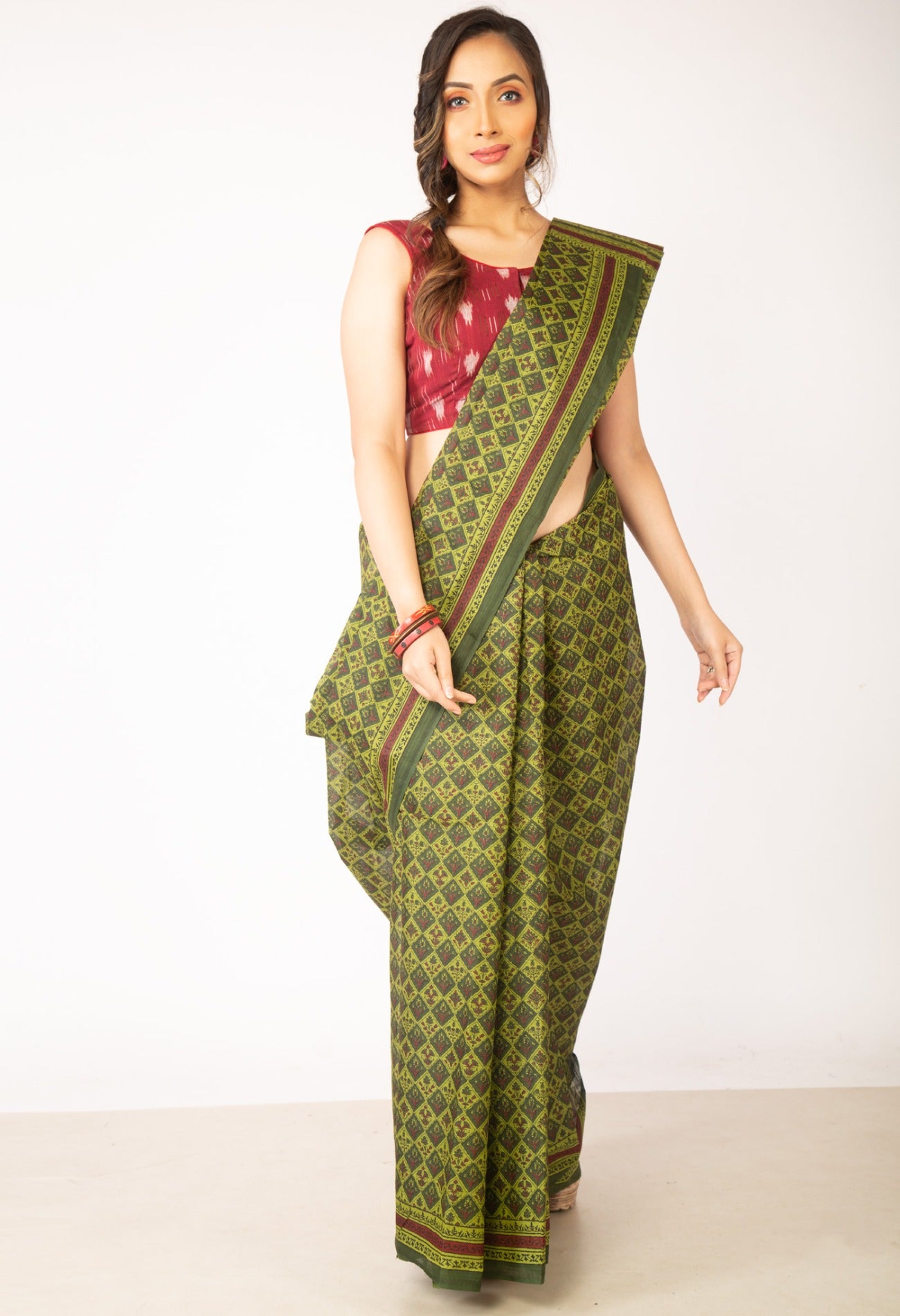 Green Pure Krisha Block Printed Cotton Saree