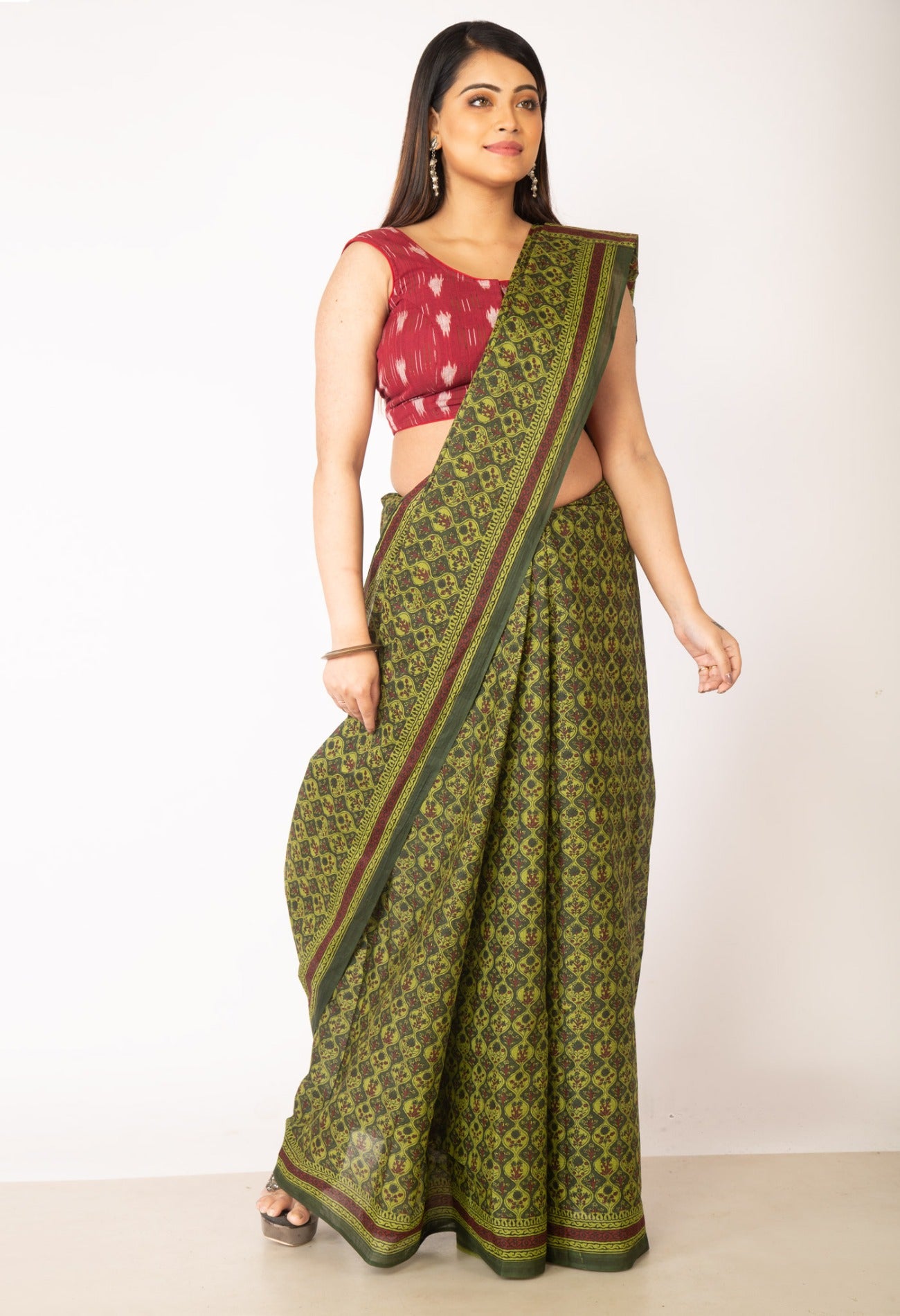 Online Shopping for Green Pure Krisha Block Printed  Cotton Saree with Hand Block Prints from Rajasthan at Unnatisilks.com India
