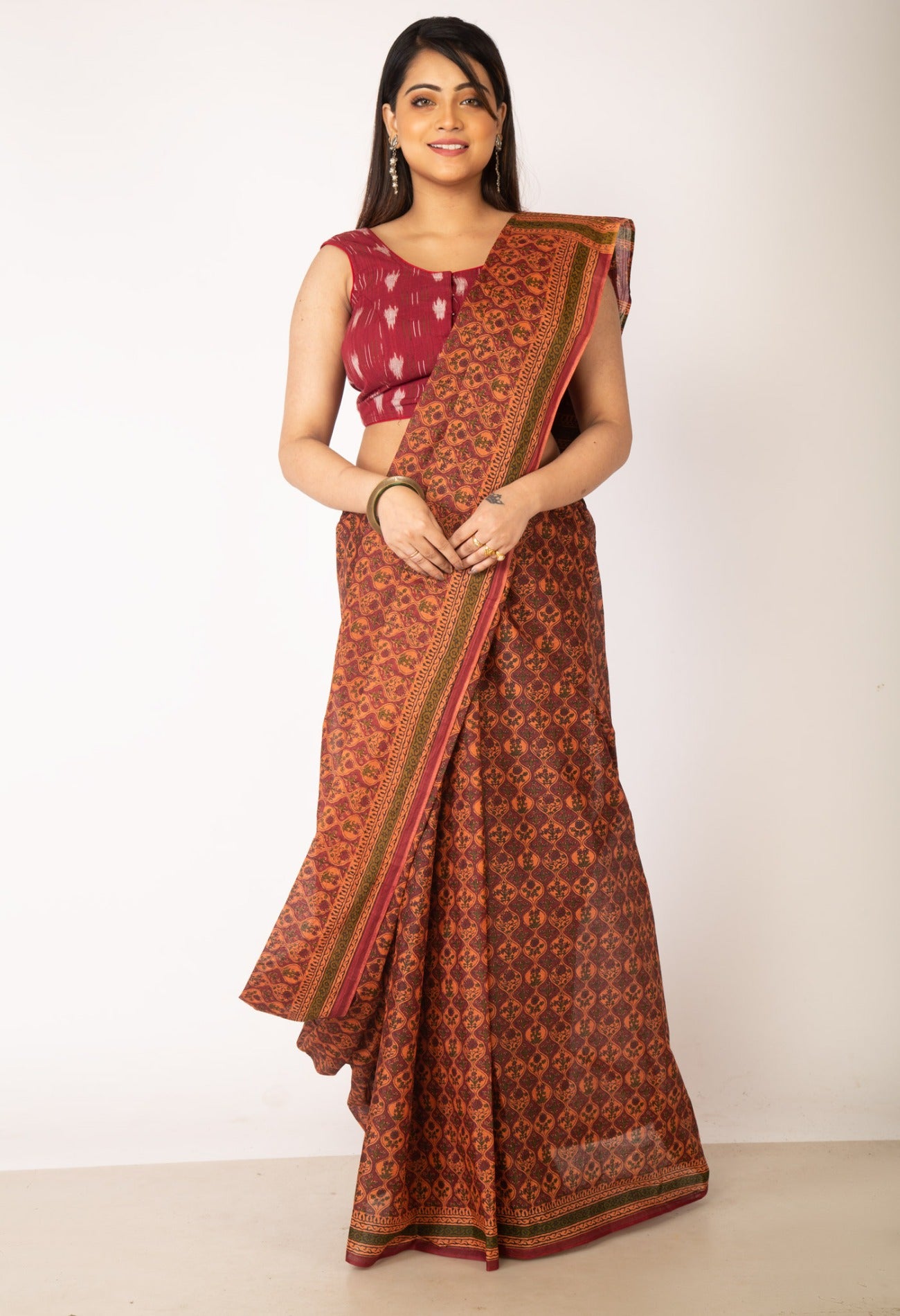 Online Shopping for Maroon Pure Krisha Block Printed  Cotton Saree with Hand Block Prints from Rajasthan at Unnatisilks.com India
