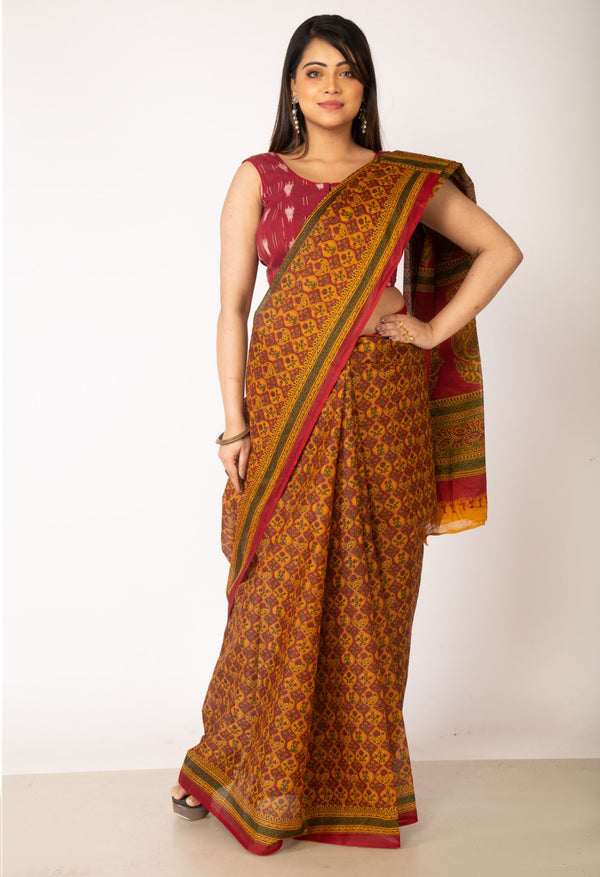 Online Shopping for Red-Orange Pure Krisha Block Printed  Cotton Saree with Hand Block Prints from Rajasthan at Unnatisilks.com India
