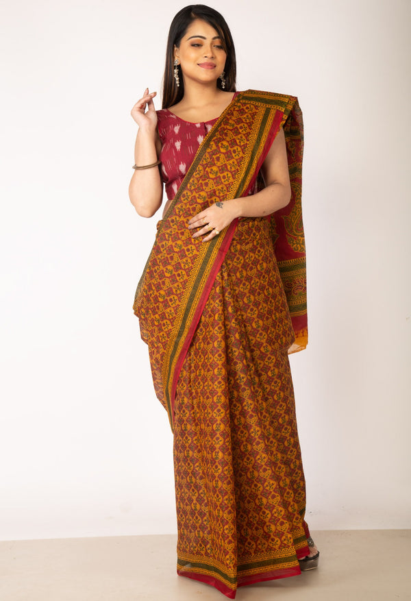 Online Shopping for Red-Orange Pure Krisha Block Printed  Cotton Saree with Hand Block Prints from Rajasthan at Unnatisilks.com India
