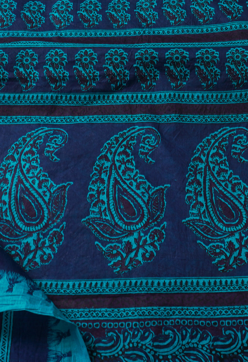 Green-Navy Blue Pure Krisha Block Printed  Cotton Saree-UNM64366