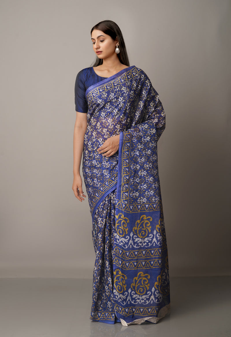 Blue Pure Krisha Block Printed  Cotton Saree-UNM64369