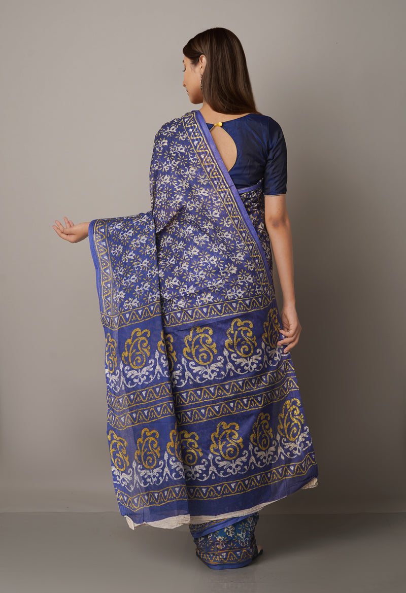 Blue Pure Krisha Block Printed  Cotton Saree-UNM64369