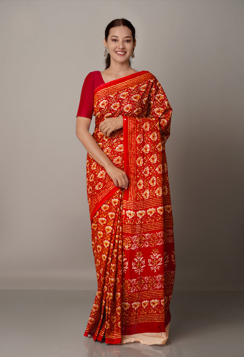 Red Pure Krisha Block Printed  Cotton Saree-UNM64371