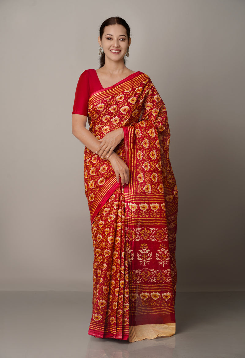 Red Pure Krisha Block Printed  Cotton Saree-UNM64373
