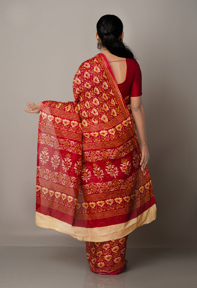 Red Pure Krisha Block Printed  Cotton Saree-UNM64373