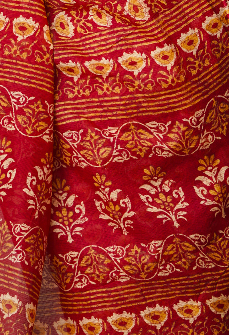 Red Pure Krisha Block Printed  Cotton Saree-UNM64373
