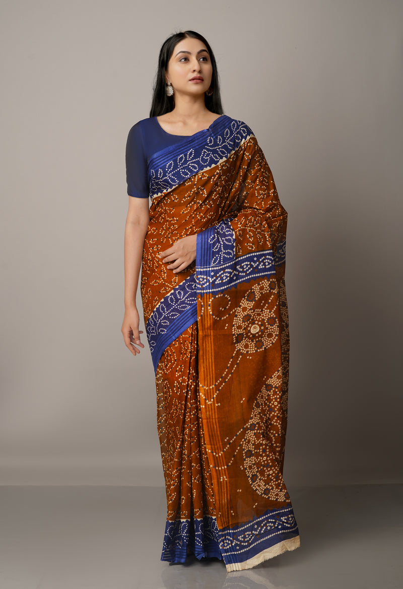 Brown-Blue Pure Krisha Block Printed  Cotton Saree-UNM64375