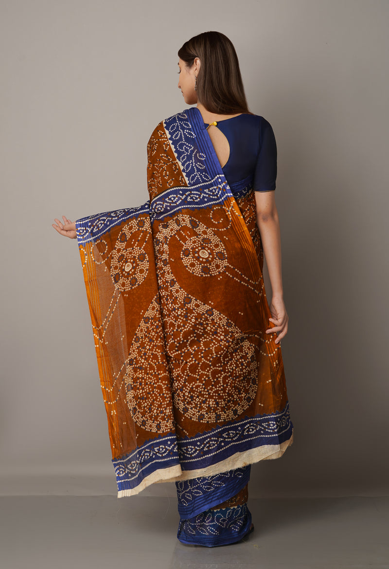 Brown-Blue Pure Krisha Block Printed  Cotton Saree-UNM64375