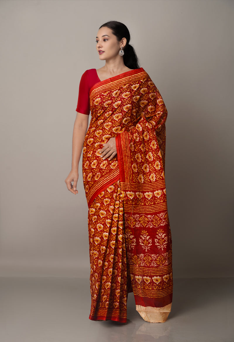 Red Pure Krisha Block Printed  Cotton Saree-UNM64376