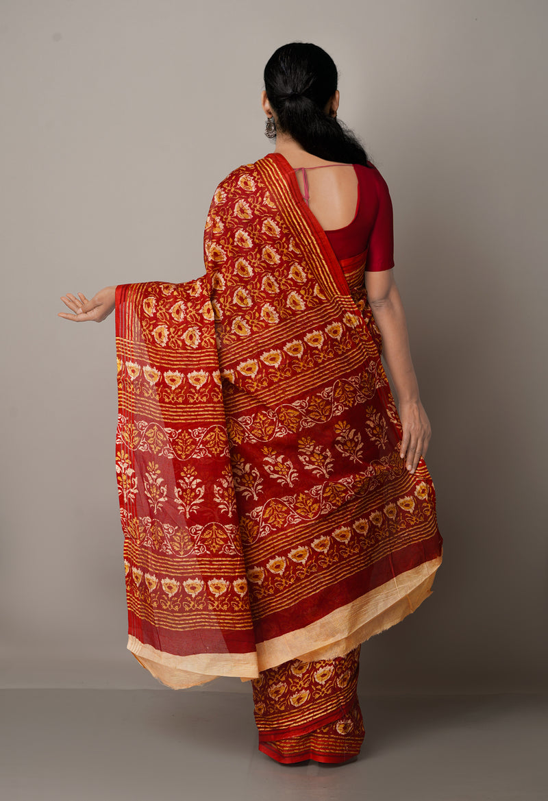 Red Pure Krisha Block Printed  Cotton Saree-UNM64376