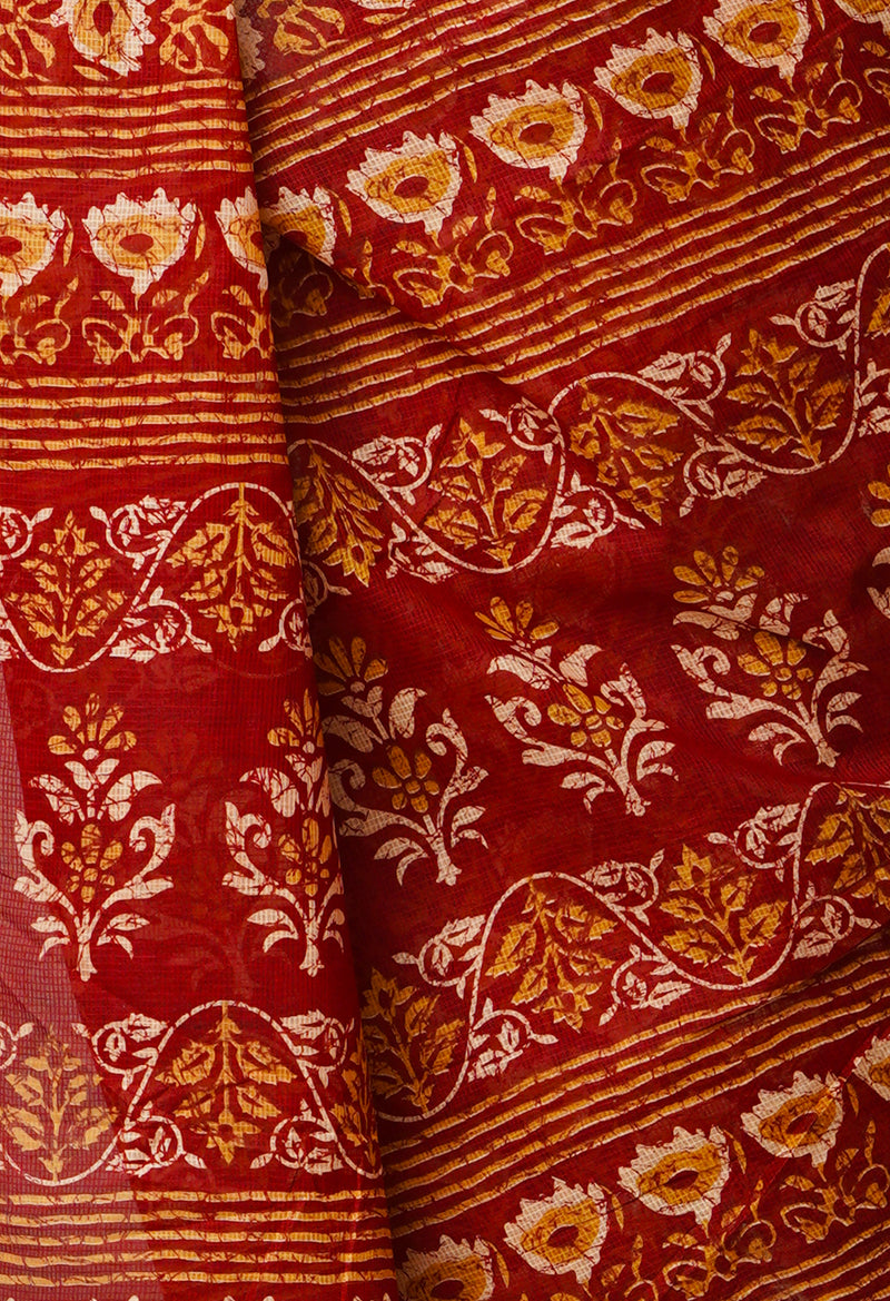 Red Pure Krisha Block Printed  Cotton Saree-UNM64376