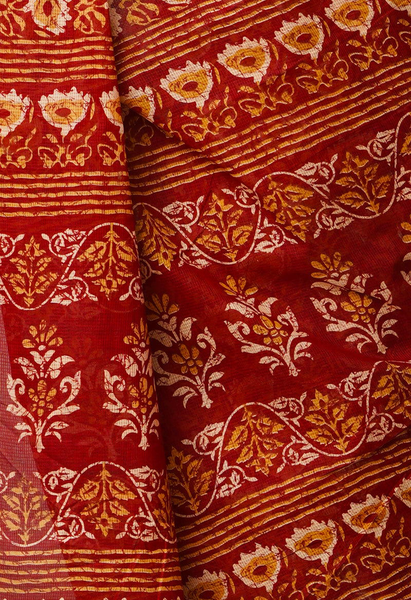 Red Pure Krisha Block Printed  Cotton Saree-UNM64376