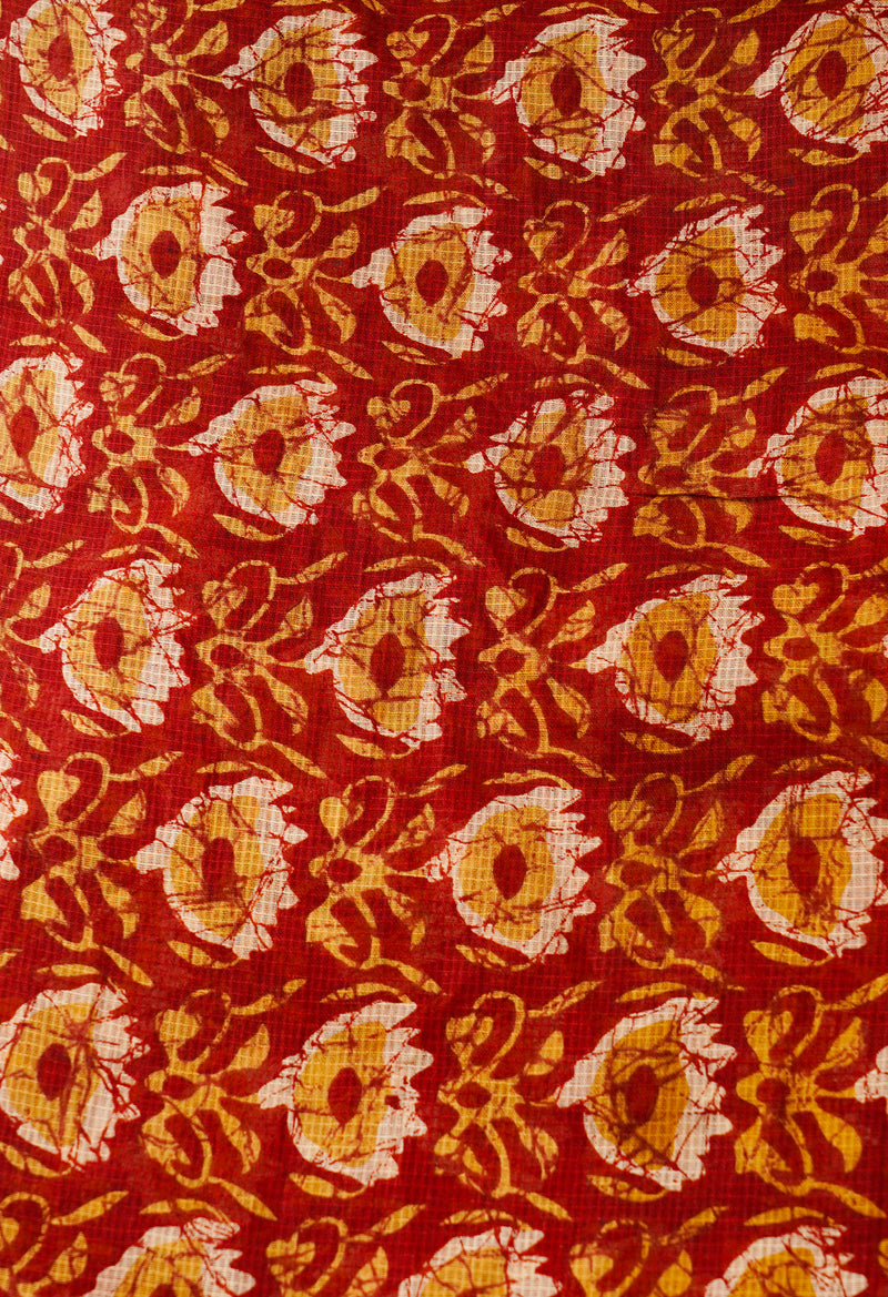 Red Pure Krisha Block Printed  Cotton Saree-UNM64376