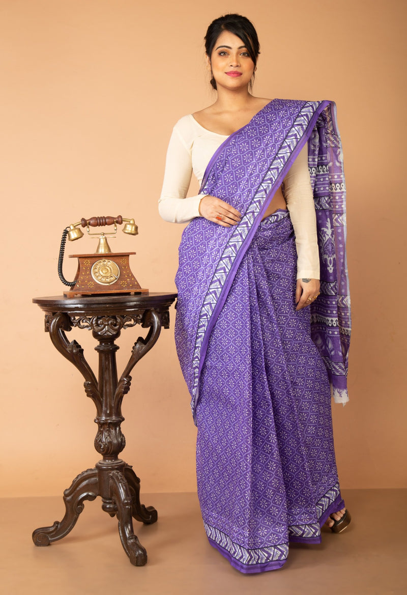 Online Shopping for Blue Pure Krisha Block Printed  Cotton Saree with Hand Block Prints from Rajasthan at Unnatisilks.com India
