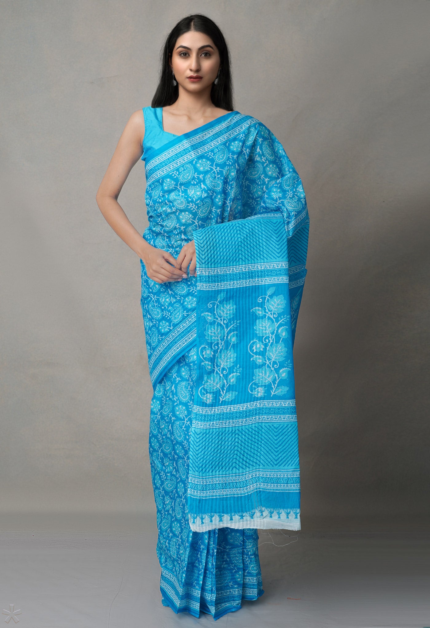 Blue Pure Krisha Block Printed  Cotton Saree-UNM64380