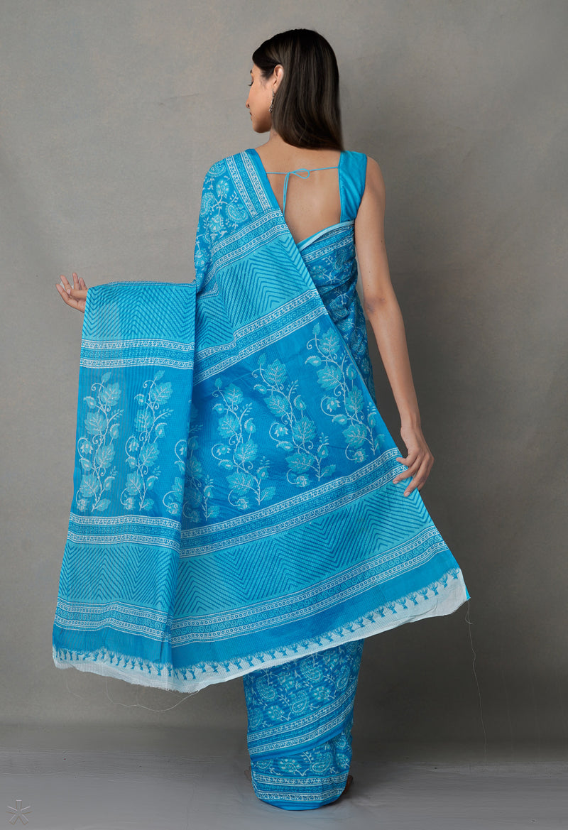 Blue Pure Krisha Block Printed  Cotton Saree-UNM64380