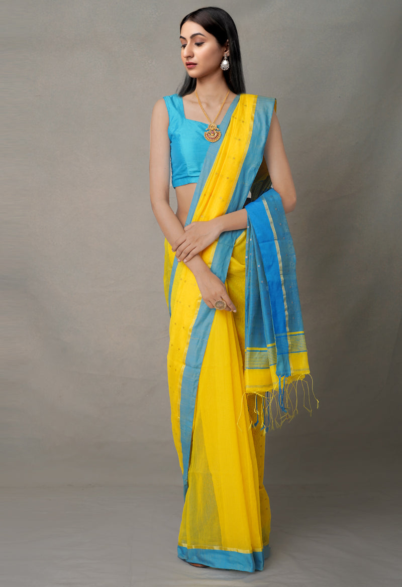 Yellow  Embroidery   Linen Saree-UNM64430