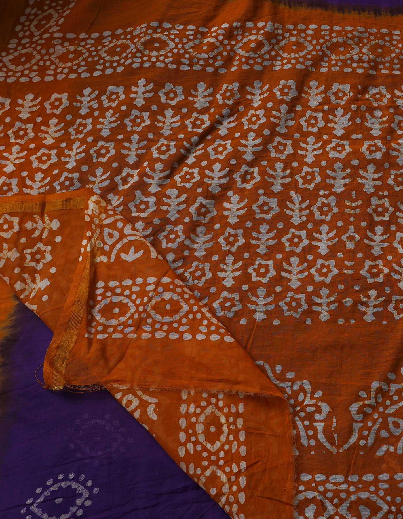 Blue-Orange Pure Batik Cotton Saree