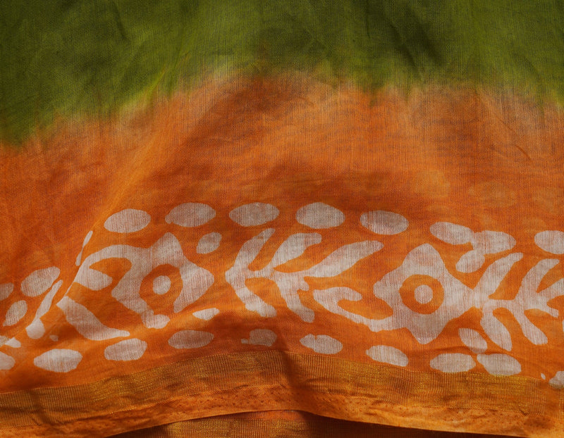 Green-Orange Pure Batik Cotton Saree-UNM64493