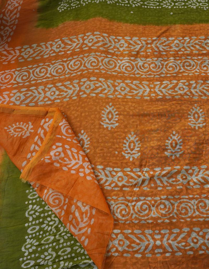 Green-Orange Pure Batik Cotton Saree-UNM64493