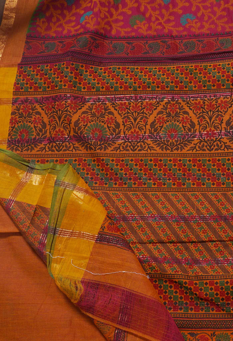Pink-Green Pure Hand Block Printed Cotton Saree
