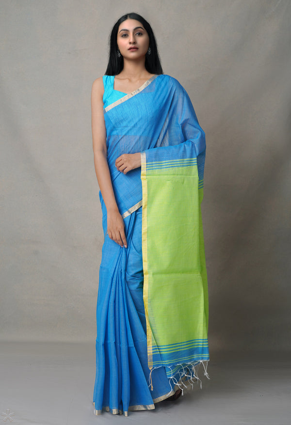 Blue-Green Pure South India Handloom Cotton Saree-UNM64621
