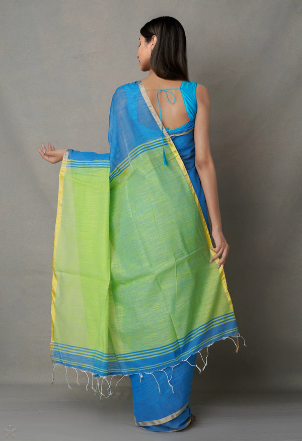 Blue-Green Pure South India Handloom Cotton Saree-UNM64621