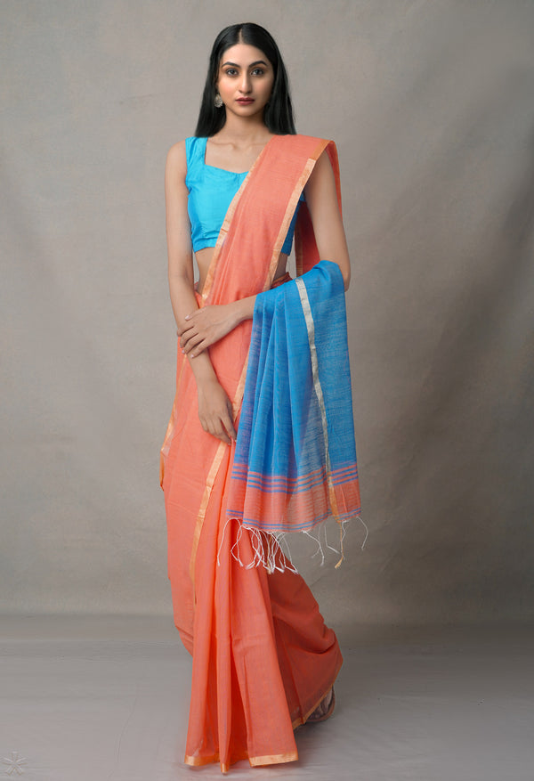 Orange-Blue Pure South India Handloom Cotton Saree-UNM64624