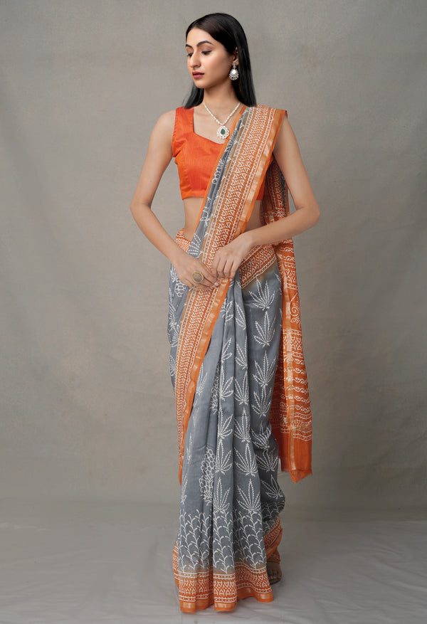 Grey-Orange  Summer Bangalore Silk Saree