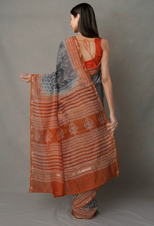 Grey-Orange  Summer Bangalore Silk Saree