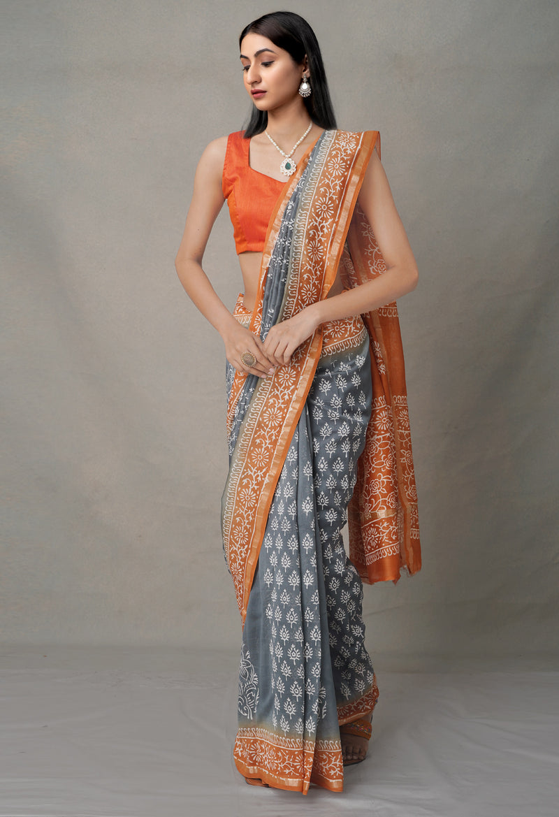 Grey-Orange  Summer Bangalore Silk Saree