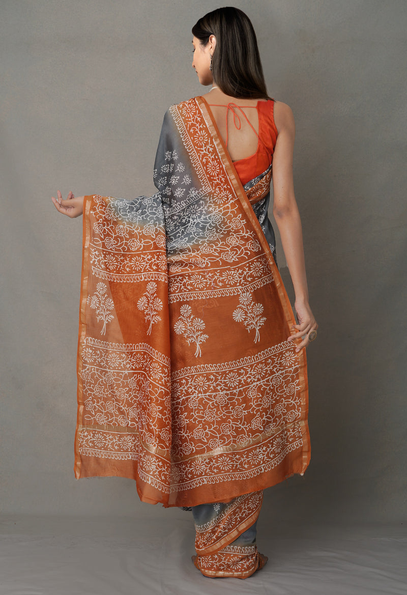 Grey-Orange  Summer Bangalore Silk Saree