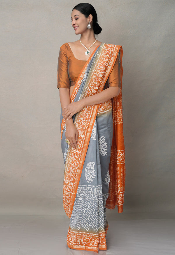 Grey-Orange  Summer Bangalore Silk Saree