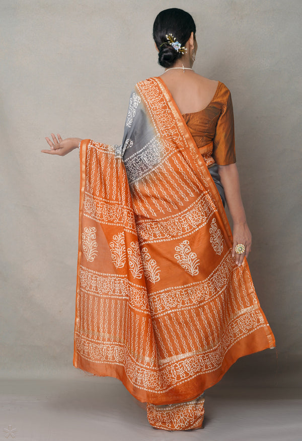 Grey-Orange  Summer Bangalore Silk Saree