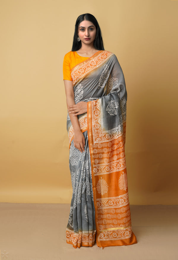 Grey-Orange  Summer Bangalore Silk Saree