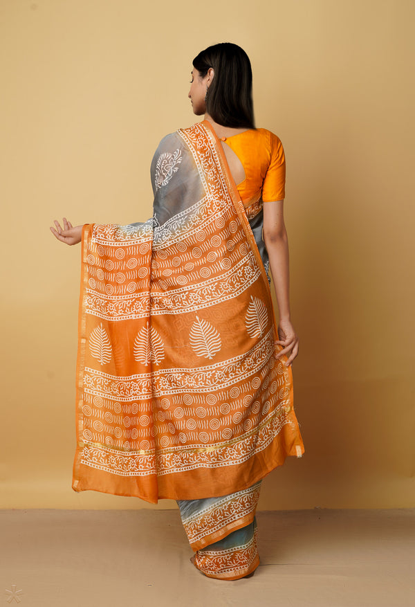 Grey-Orange  Summer Bangalore Silk Saree