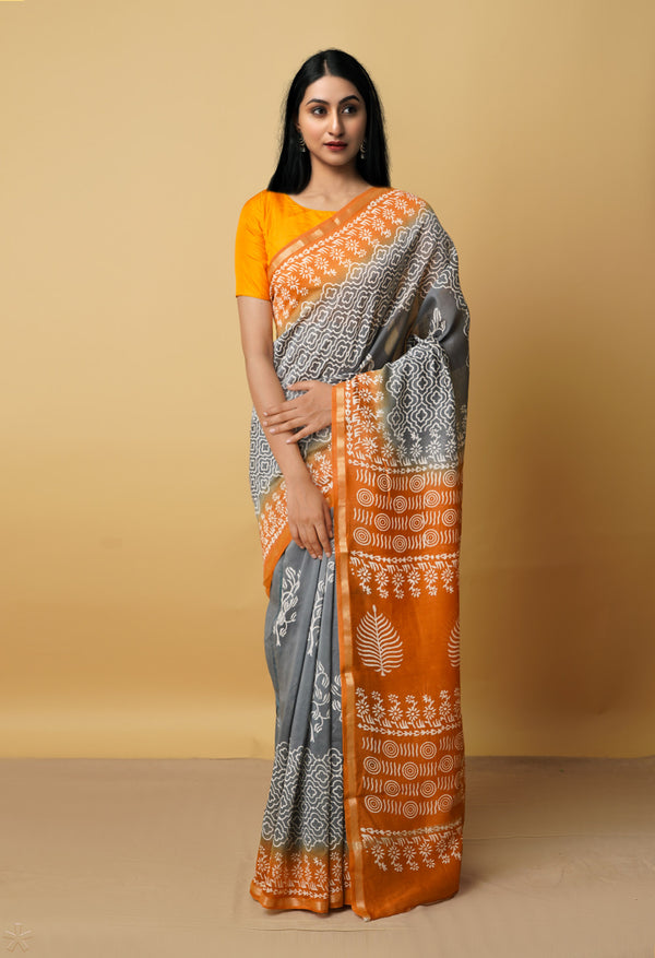 Grey-Orange  Summer Bangalore Silk Saree